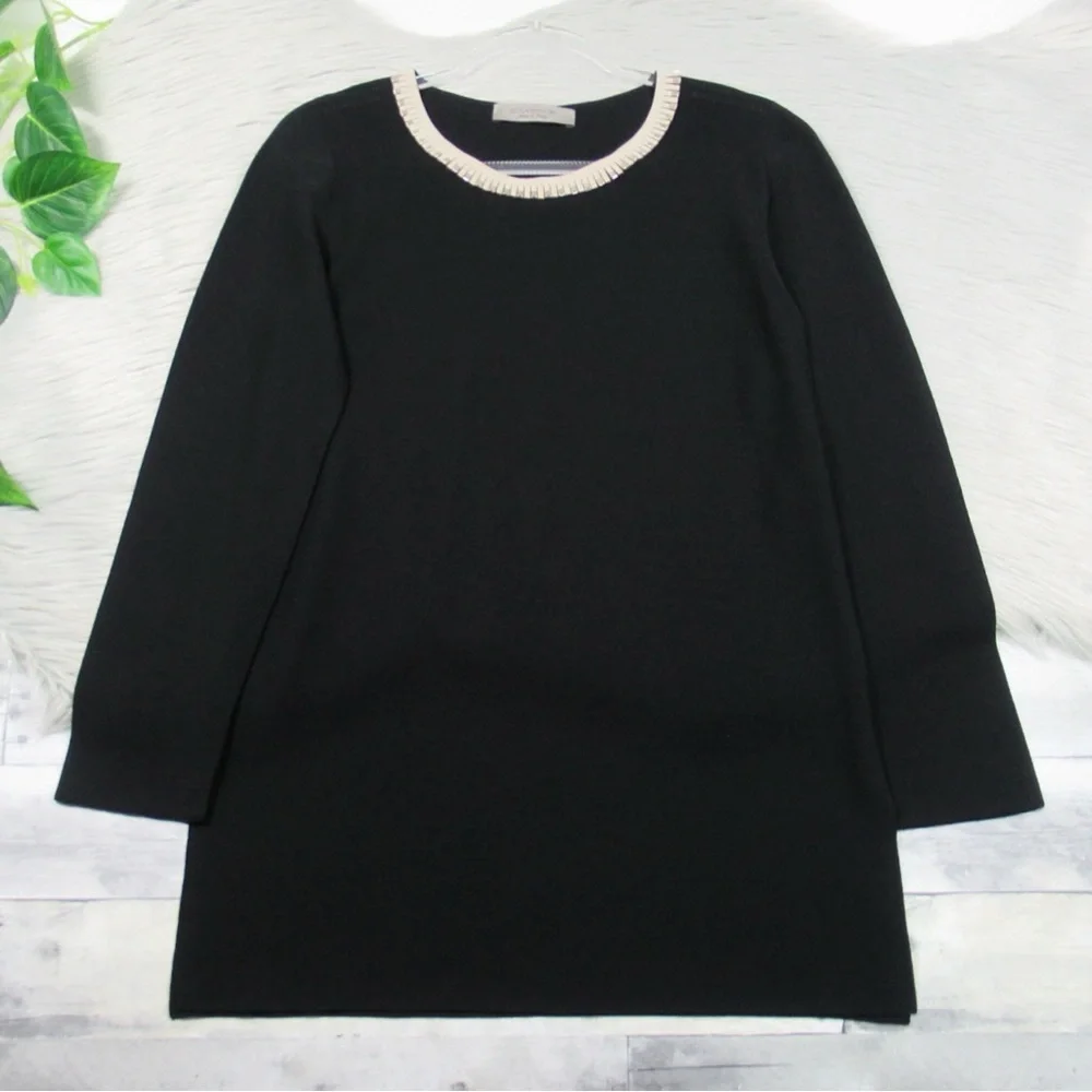 D. EXTERIOR Made In Italy Black Knit Tunic Top Faux-Leather Trim Size Large